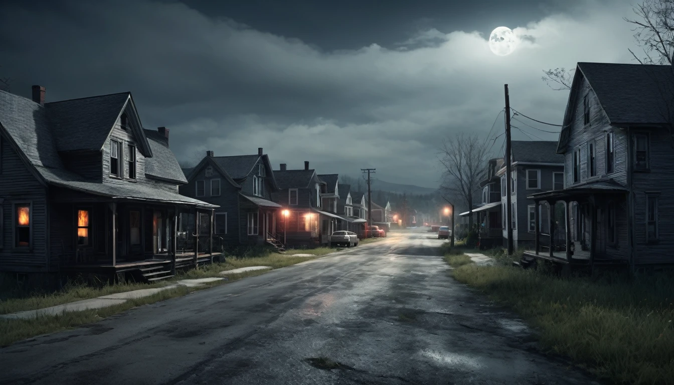 A scary horror image of a small town in the interior of the northeast,with a family, PICTURE REALISTIC, high resolution, 8k
