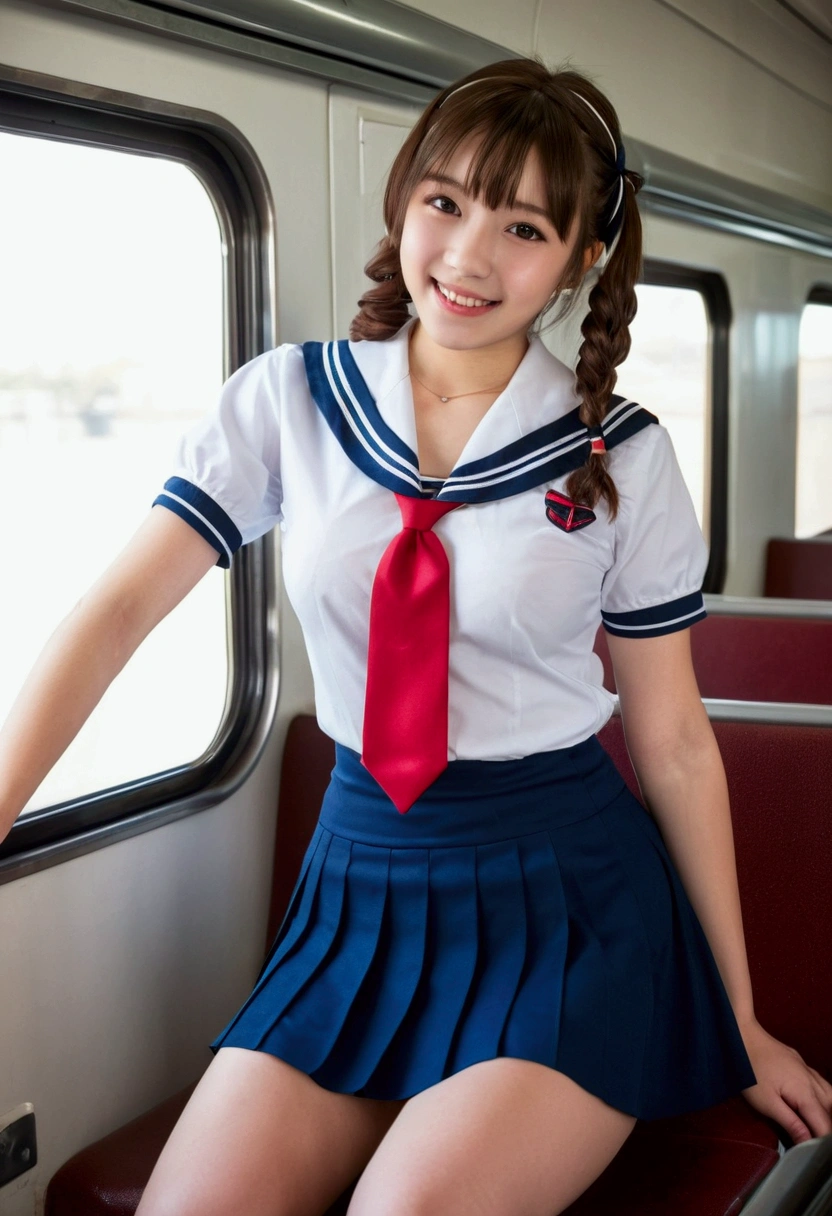 top-quality,ultra-detailliert,masterpiece,realisitic,Photo Real,Bright lighting,1 girl in, an extremely beautiful , (kawaii:1.2),Thin smile, (Brown eyes),(brown haired),(bangss),perfect glossy skin,flawless skin,((erotick,Sexy and sexually explicit)),((accurate hands without incongruity)), large full breasts,big breasts thin waist, Look at viewers,((a sailor suit)),((Short sleeve uniform white shirt)),(red necktie),(Blue Mini Pleated Skirt),(((skirt lift by yourself))),(lifted by self),(Showing panties),panties on,panties focus,((Sit up,spread legswide)), sockes, (Black knee socks),(Loafer shoes), during daytime,On the train,Horizontal long seat with your back to the window, (((tits out))), (((vulva out)))