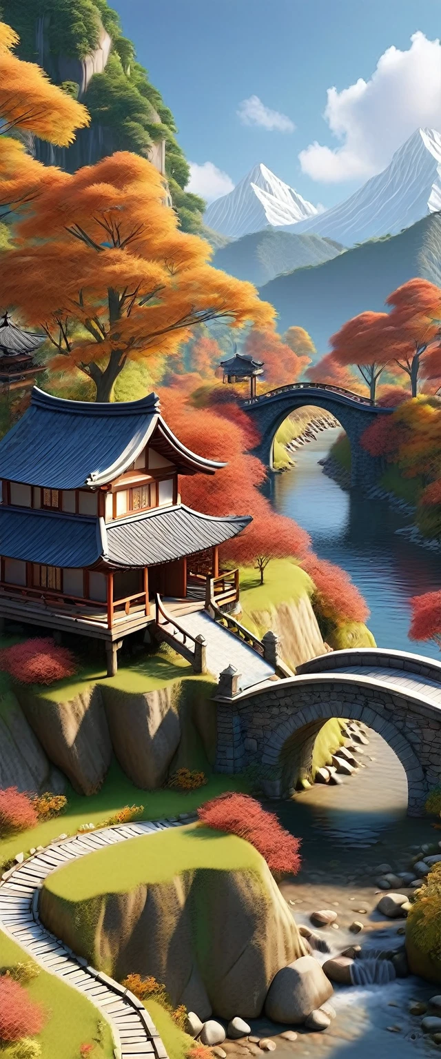 (Isometric Art:1.5),The art of math,Dreamlike scenery,(Mountains、Fall:1.6),Around the mountain road,Ancient bridge,pavilion,river,Small boat,small village,(high quality,Masterpiece,Octane Rendering,Ray Tracing,Extremely detailed,3d,8k:1.5)