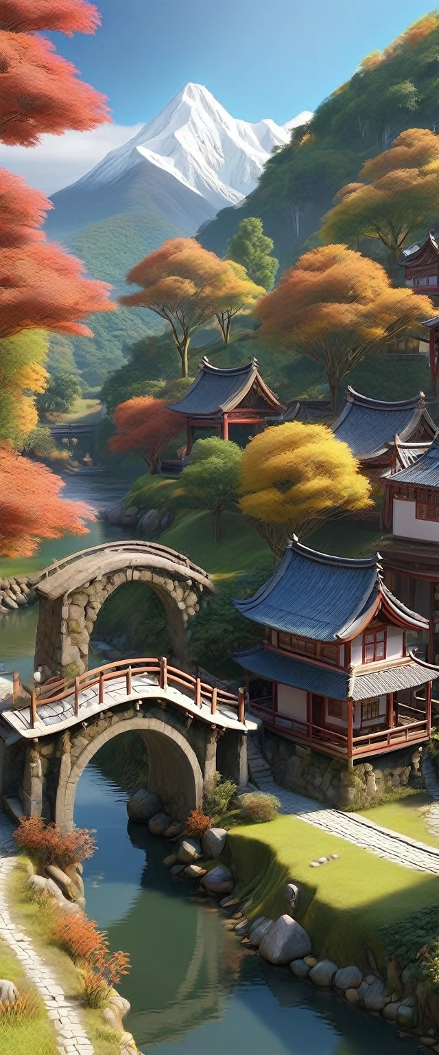 (Isometric Art:1.5)，The art of math，Dreamlike scenery，(Mountains、Fall:1.6)，Around the mountain road，Ancient bridge，pavilion，river，Small boat，small village，(high quality，Masterpiece，Octane Rendering，Ray Tracing，Extremely detailed，3d，8k:1.5)