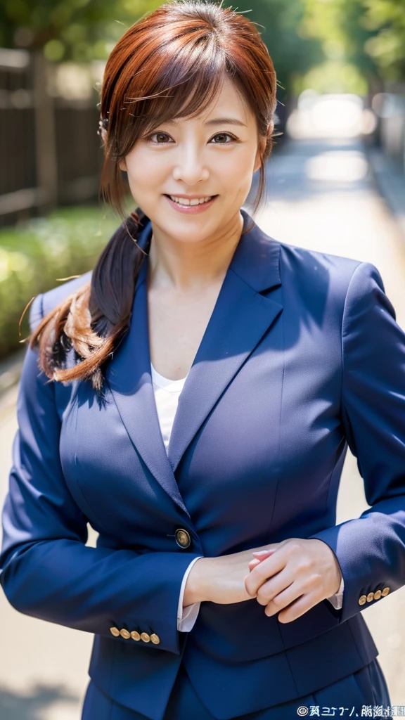 ((最high quality, 8k, masterpiece: 1.3)), (close:0.75), Realistic, Sharp focus, high quality, High resolution, Japanese women、48 years old、Middle-aged mature woman face、Chubby body type、Her breasts are huge, measuring 40 inches. {Wearing a navy blue business suit}, ((Very strong sunlight)), smile, Red hair bun hair,真昼のオフィス街でカメラに向かいsmile、Upper body image、smileのアップ8K画像、