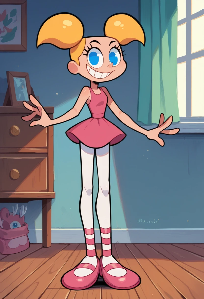dee dee, ballet dress, ballet shoes, blonde, blue eyes, short pigtails, room, smile, looking at viewer