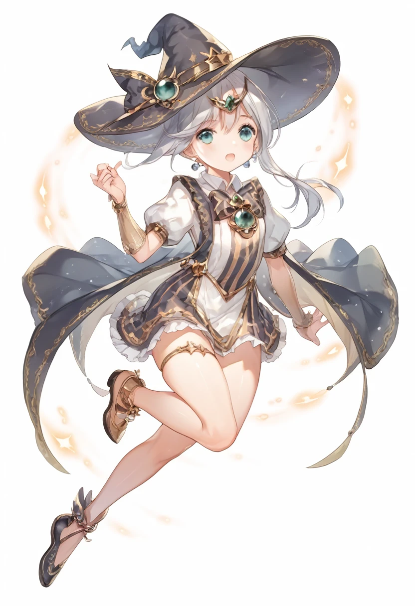 Silver Hair、Magical girl、bright、Black and white outfit、Astral Witch Outfit、Wearing a hat、mini skirt、whole body、Outdoor、shoes