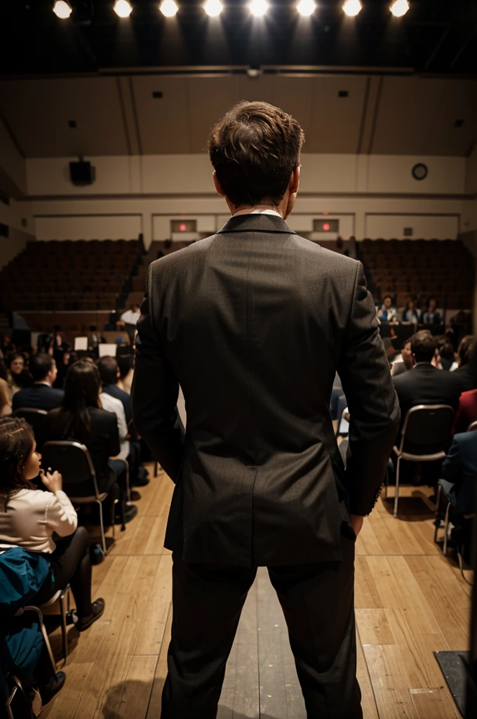 A man in a suit stands on the stage, his back turned to the camera. He holds a microphone in front of him in his hand. In front of him you can see a fuzzy crowded audience where many people are sitting on chairs. You can see a bust of a man located on the side of the graphic