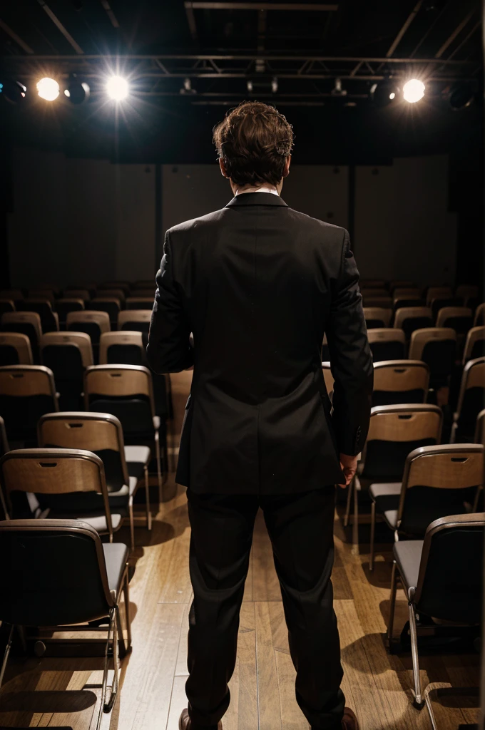 A man in a suit stands on the stage, his back turned to the camera. He holds a microphone in front of him in his hand. In front of him you can see a fuzzy crowded audience where many people are sitting on chairs. You can see a bust of a man located on the side of the graphic