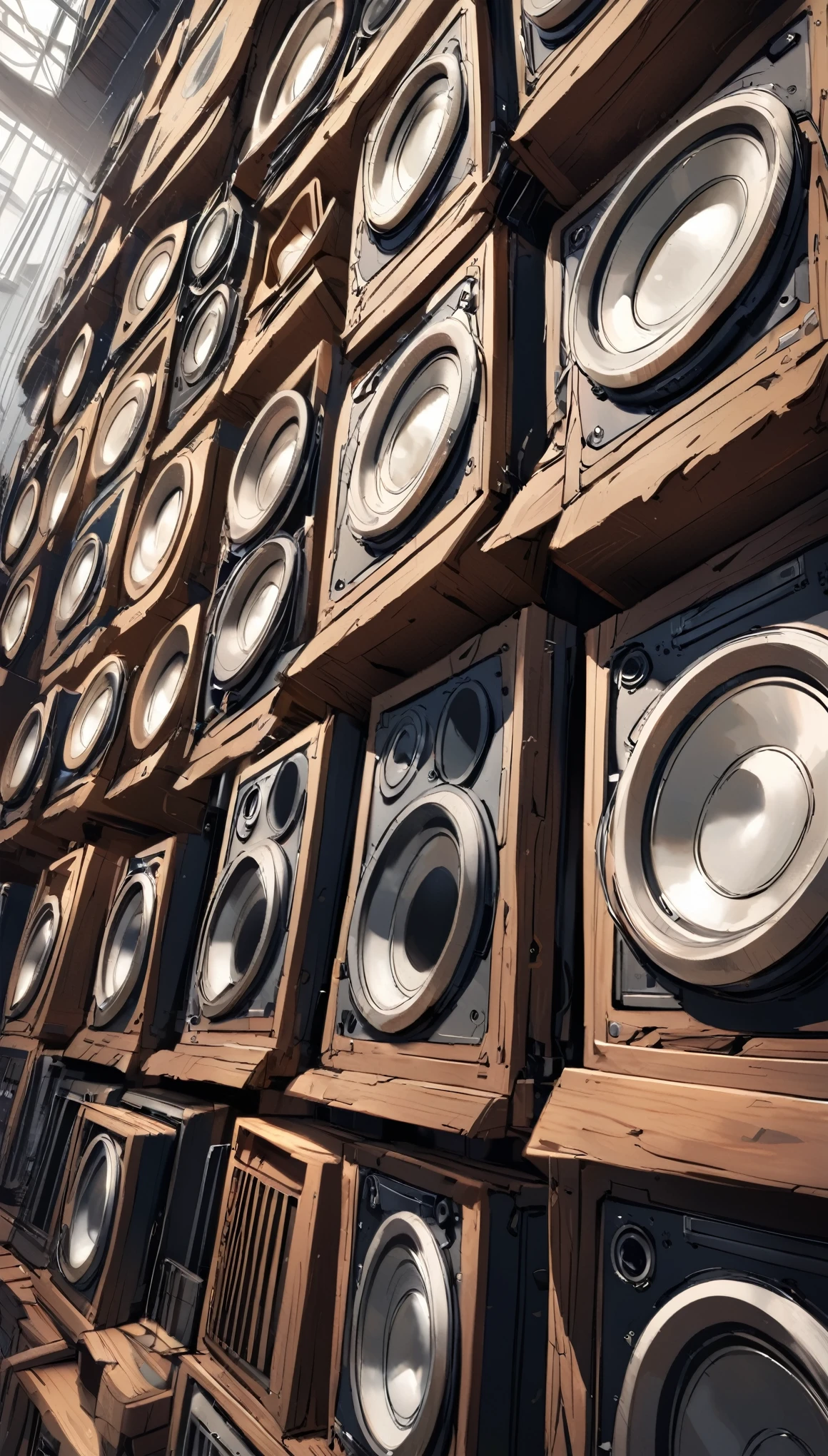 A wall made of stacked speakers