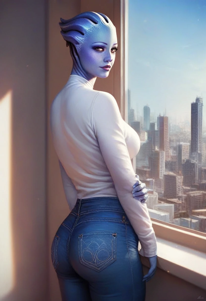 1girl, asari woman, pale blue skin, swater, long sleeves, jeans, in the apartment, window, city background, looking at viewer, high resolution, masterpiece