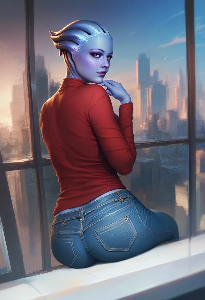 1girl, asari woman, pale blue skin, swater, long sleeves, jeans, in the apartment, window, city background, looking at viewer, high resolution, masterpiece