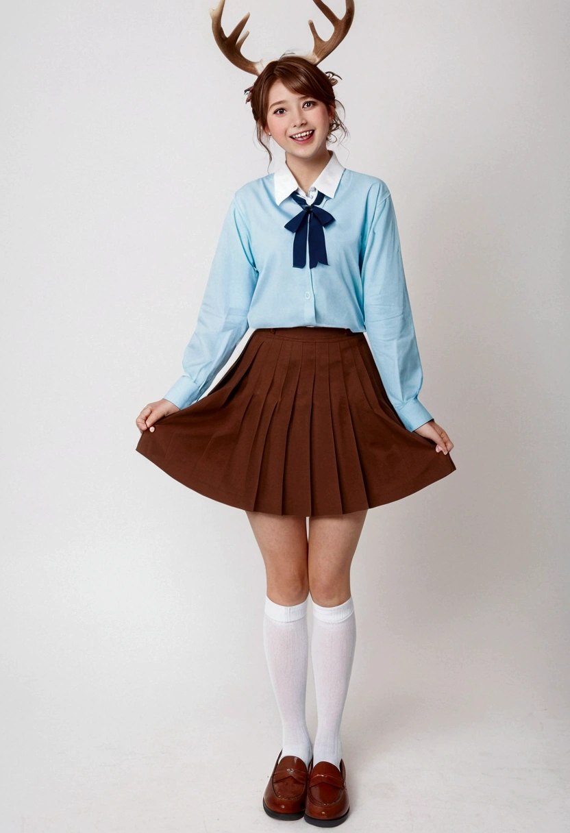 1girl, solo, antlers, brown hair, double v, skirt, , v, socks, serafuku, green eyes, white socks, full body, pleated skirt, blue skirt, open mouth, loafers, shoes, smile, looking at viewer, :d, white shirt, brown footwear, shirt, long sleeves, white background