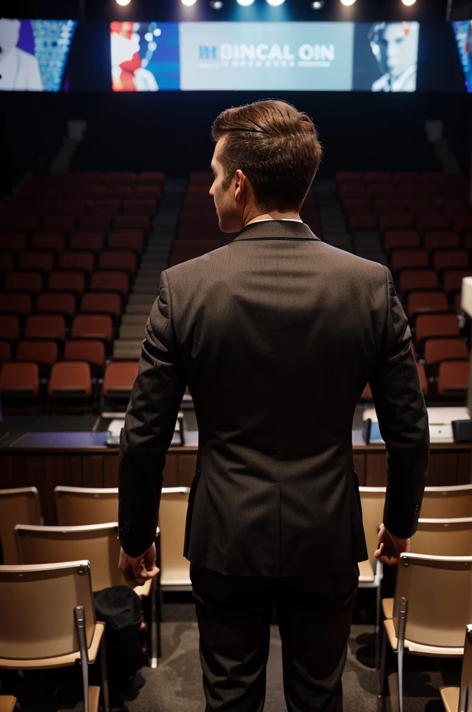 A man in a suit stands on the stage, his back turned to the camera. He holds a microphone in front of him in his hand. In front of him you can see a fuzzy crowded audience where many people are sitting on chairs.  You can see a bust of a man located on the side of the graphic