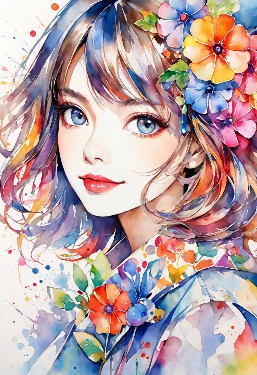 beautiful woman portrait, cute smile, Sylvia Pelissero watercolors, colorful flowers, beautiful eyes, upper body, abstract art, intense watercolor, watercolor detailed art, watercolor splash, surreal, avant-garde pop art, Beautiful and expressive paintings, Beautiful artwork illustration, very colorful tones, wonderful, cool beauty, highest quality, official art, women only, sharp outline, best shot, vector art, lips in love、 (((The strongest beautiful women of all time))), (((Japanese)))、clear, (((highest quality))), lips in love, HDR, ((Detailed details)), stylish fashion, detailed clothing texture, (((graffiti art))), colorful hair, ((masterpiece))、((Super detailed))