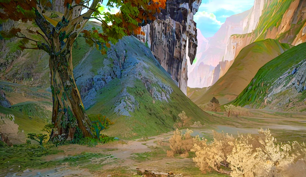 There is a painting,There is a mountain view in the painting,There is a tree, detailed trees and cliffs, highly Detailed terrain, Highly detailed environments, Detailed scenery, 3 d virtual landscape painting, Ultra-detailed environment, trees and cliffs, Detailed scenery, Detailed terrain, <Multiplayer online role-playing game scenario, Ultra-detailed environments, Ultra-wide game screenshots, The environment is very detailed, Cliff Edge, Complex and detailed environments