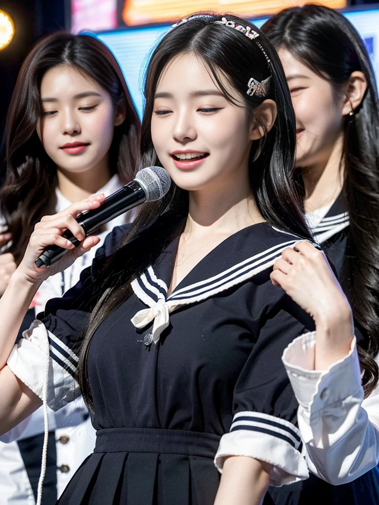 (A photo of a super cute Korean high school girl duo with their eyes closed and their mouths wide open singing into a microphone:1.2)(grin,smile:1.1)(Beautiful Sweat:1.1)(16K, RAW Photos, Highest quality, masterpiece: 1.2),(Cute hairstyle with shiny black hair) Super detailed, Super Resolution, (Genuine, Genuine photos: 1.37), Portraiture, High-resolution RAW color photos, Professional photos, Very detailed, 8k wallpaper, Very detailed CG Unity 8k wallpaper, Very detailed beautiful girls, Very detailed faces, ((whole body)), beautiful woman, Huge breasts,(huge boobs:1.1) (Big Boobs:1.1), beautiful (Wearing cute frills),high school girl, Korean Girls,(K-POP Female Idols), (Idol-class beauty)(Beautiful high school girl:1.1)(Karaoke Room)(17 years old)(Ruffled sailor-style shirt:1.1)Cute hairpin,