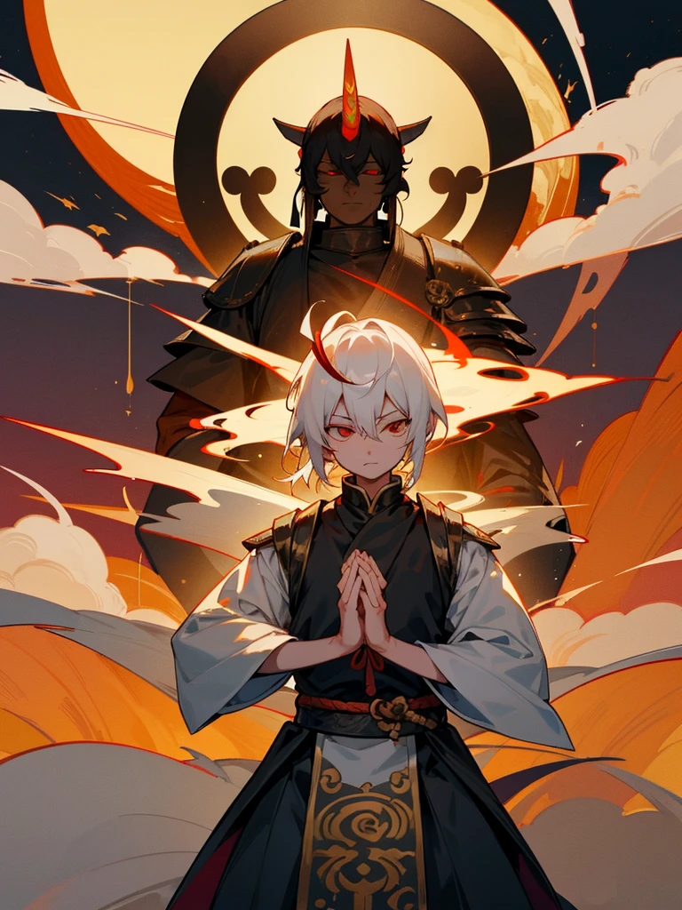 Buddha,Burning Eyes, horn, white short hair, black armor, tori ready, man, full moon, hands together in prayer, Zen meditation golden lion Chi Japanese sword demon vengeful spirit evil spirit Tai 後光 Fubuki