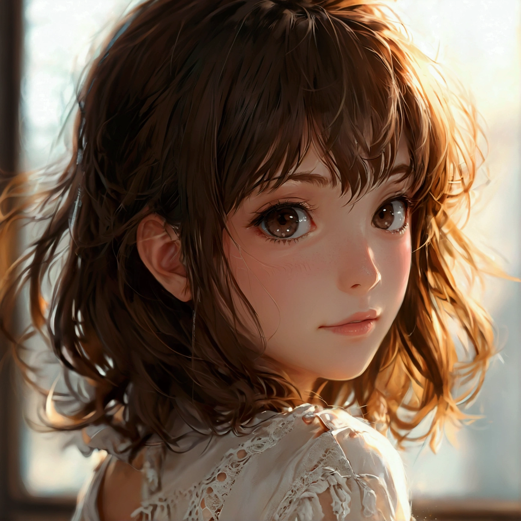 Simple Background,(anime:1.3),1girl,close up face,Brown hair,Two Side Up,(faint smile:1.3),Detailed hair,Detailed face,Detailed explanation,(Sidelong and Upward glance:1.2),