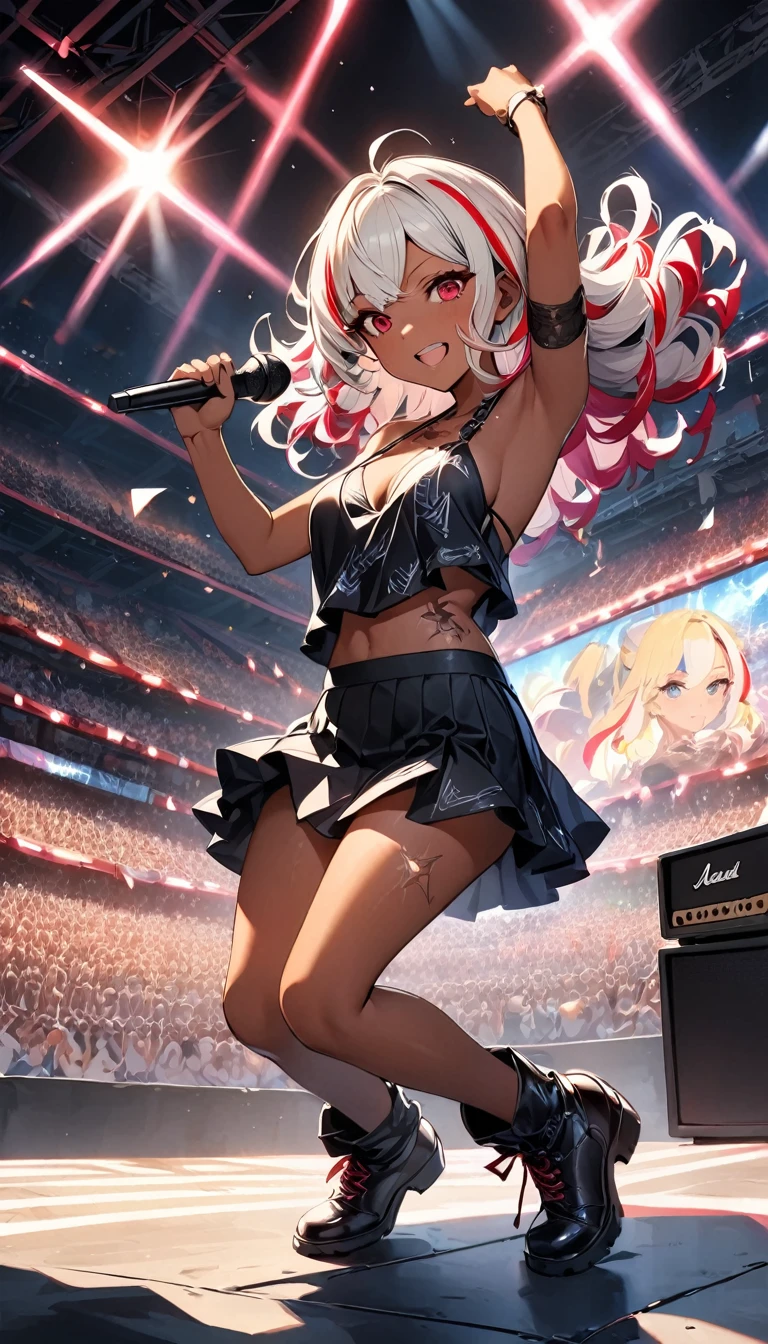 (highest quality:1.2, Very detailed, up to date, Vibrant, Ultra-high resolution, High Contrast, masterpiece:1.2, highest quality, Best aesthetics), Portraiture、girl、singer、stage、performance、Rock Music、Bright colors、Beautiful fine details、Beautiful lip detail、midium wave hair、red and white ((streaked hair:1.6)), highlights hair: 1.5, red eyes, slim body, middium breast, (tan skin:1.1), Music band、powerful action pose、Concert Light、Edgy Style、Skirt-style-bikini、loose fit, Dynamic Movement、hypnotic sounds、Stadium、amplifier、Loud music、shouting into the microphone, vocal, jumping:1, left hand up, (right hand holding mike stand:1.5), (Floral Fineline tattoo design on left arm:1), ((mike stand)), Powerful vocals、Passionate performance、Sparkling stage、Concert atmosphere、Music Festival、Full of emotion、Rock star attitude、Resolute expression、Avid Fan、The presence of an attractive stage、 Expressive gestures、Rock star aura、An exciting atmosphere、Sing with all your heart、An unforgettable show, ((full body:1.2)),