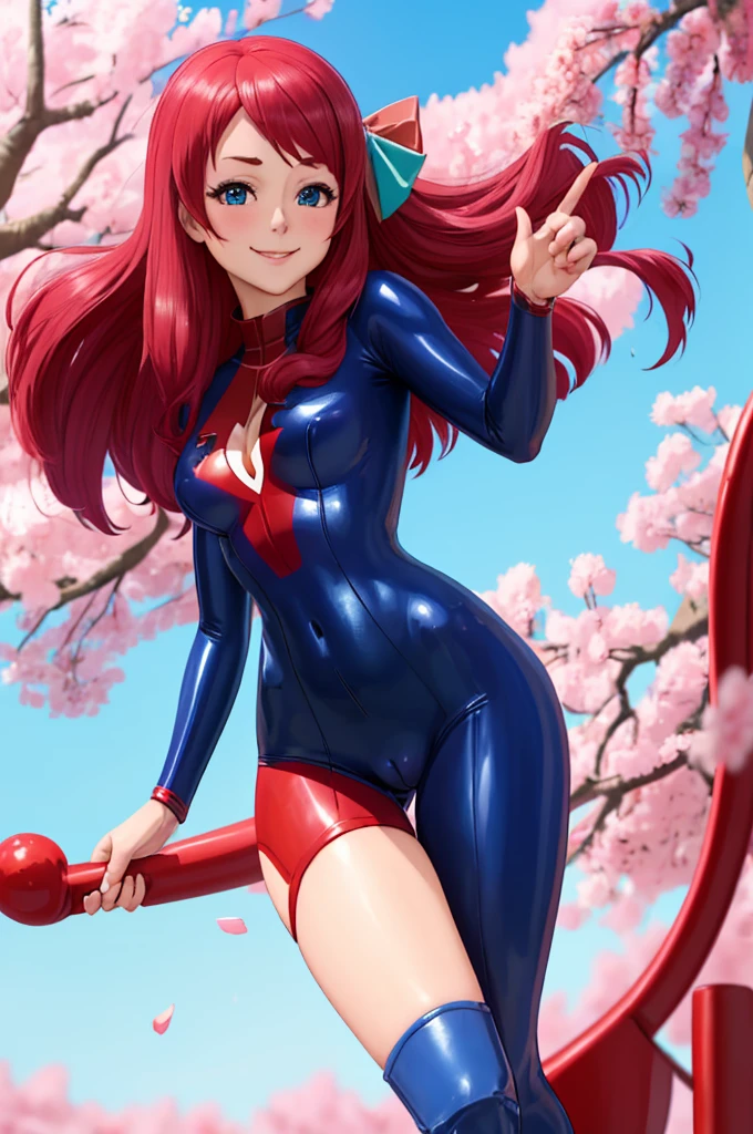 masterpiece, best quality:1.2), 1girl, smile, looking at viewer, blue eyes, minamoto sakura, ahoge, hair bow, dressed as superwoman, full bodysuit, blue catsuit, red cloak cape, red boots, standing in park under cherry blossoms