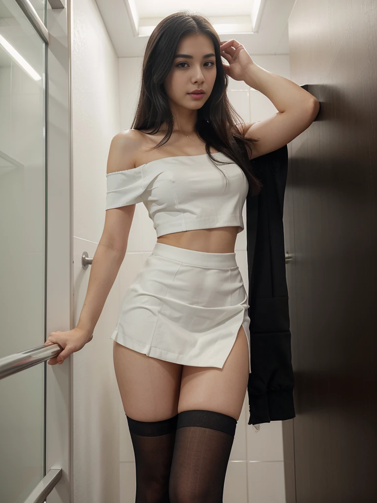1girl, high quality, high resolution, 4k, 22 year old beautiful very white asian girl, very slim, tall. black hair, off shoulder, sexy business clothes, pleated skirt, stockings, high heels, lips, realistic, nose, flirting with camera, bending on bathroom stall, nice ass, looking seductively at viewer