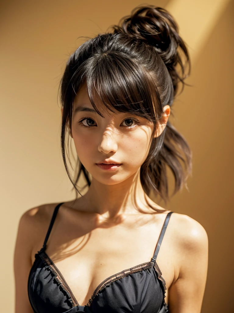 (masterpiece), (highest quality), (Super detailed), (messy hair), (shape), (one japanese girl), (frill bra), Are standing, Fashion Model, (interview), (simple cyaan background), fine and beautiful eyes, delicate beautiful face, floating, (high color saturation), focus on face, ponytail, black hair, bangs,floating Hairs, (shining), best writing, best shadow,stylish living room