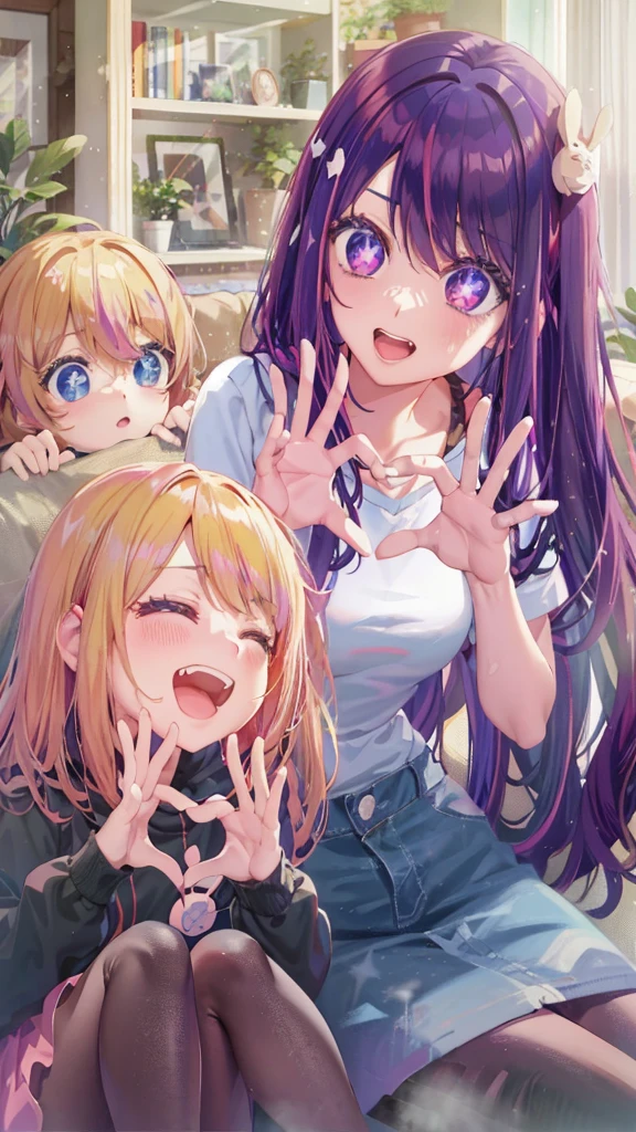 anime girl with purple hair and two other girls sitting on a couch, hololive, visual novels CG, Edgeie anime style, Kawaii realistic portrait, visual novel key visual, ; visual novel, eechi, Smooth anime CG art, DDLC, Edgee style, visual novel, Splash art anime , Anime moe art style, anime! 4K
