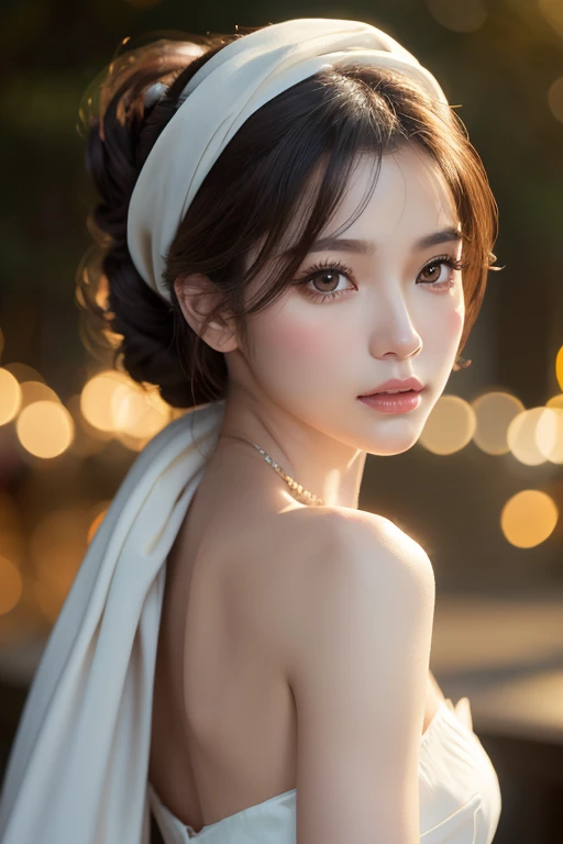 masterpiece、Highest quality、8k、ponytail、Attractive beautiful large almond-shaped eyes、Long eyelashes、Beautiful cherry lips、A high, well-defined nose、Wolf Cut、((Realistic:1.3))、Cinematic lighting、Challenging eyes、Bold composition、Detailed face on the market、Detailed、Golden Ratio Face、Ultra-high resolution、Beautifully detailed and realistic white skin、Beautiful woman looking back、Scarf wrapped around head