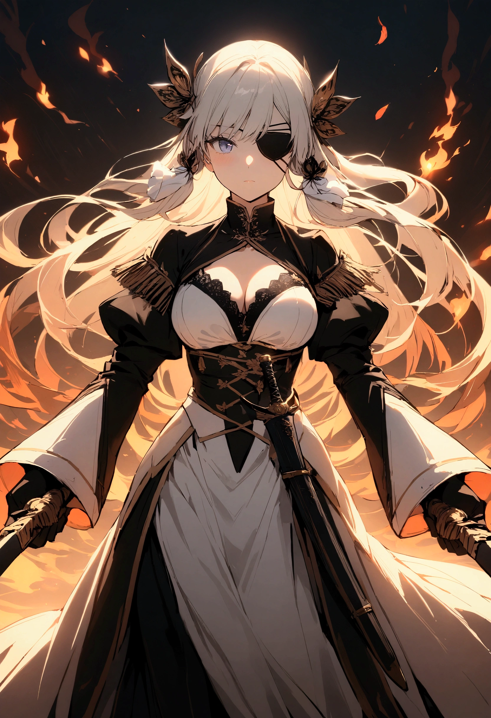 masterpiece, best quality, high resolution,
Saber2, Advanced Clothing, 1girl, solo, weapon, holding, sword, dual wielding, holding sword, holding weapon, cleavage, hair ornament, eyepatch, looking at viewer, unsheathed, standing, long hair, sheath, fire, collarbone, medium breasts, swept bangs, autumn leaves, closed mouth