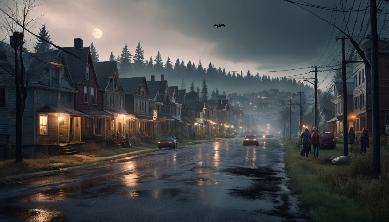   A scary horror image of a small town in the interior of the northeast,with a family,in front of the city realistic image, high resolution, 8k 