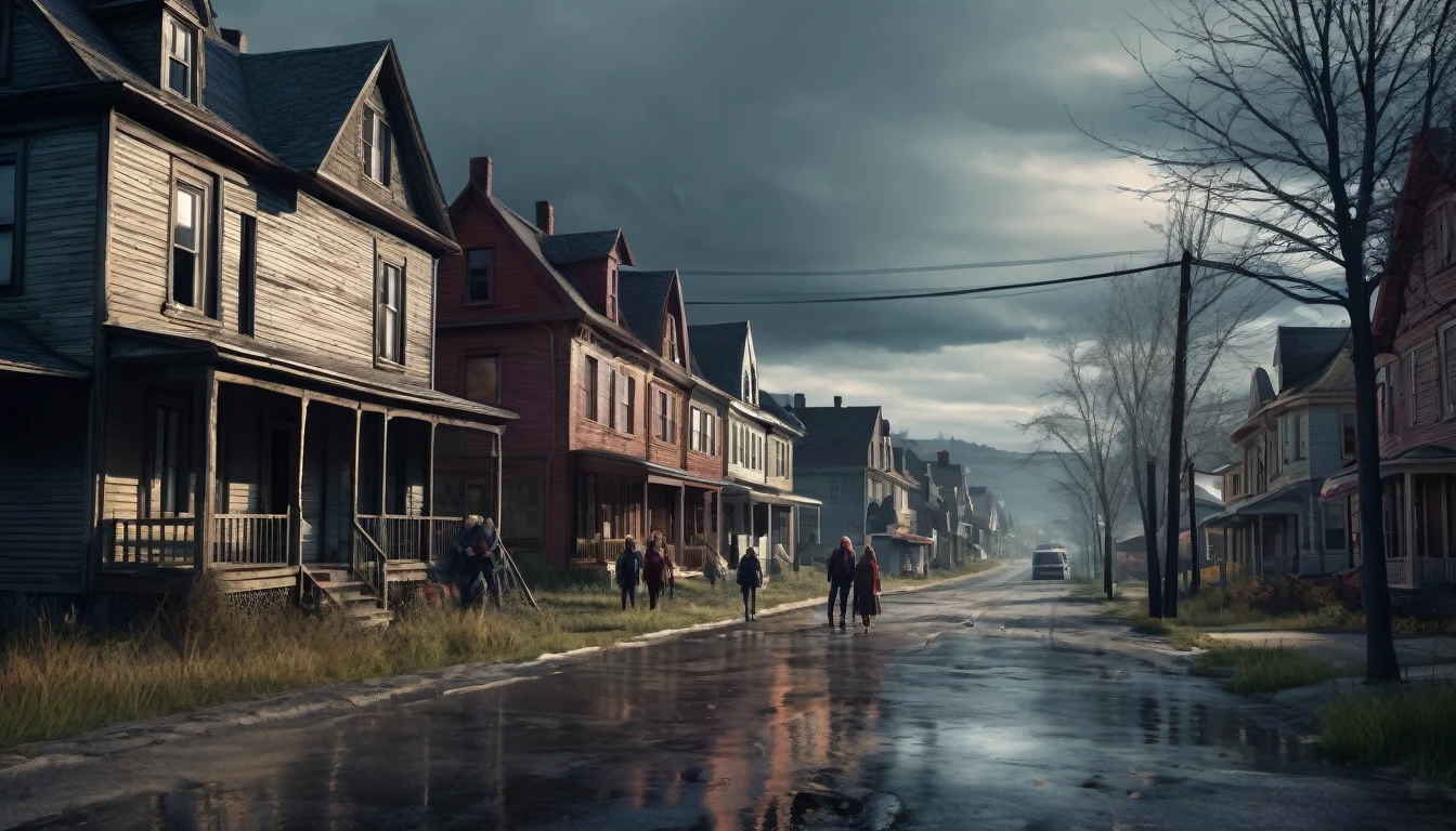 A scary horror image of a small town in the interior of the northeast,with a family,in front of the city realistic image, high resolution, 8k