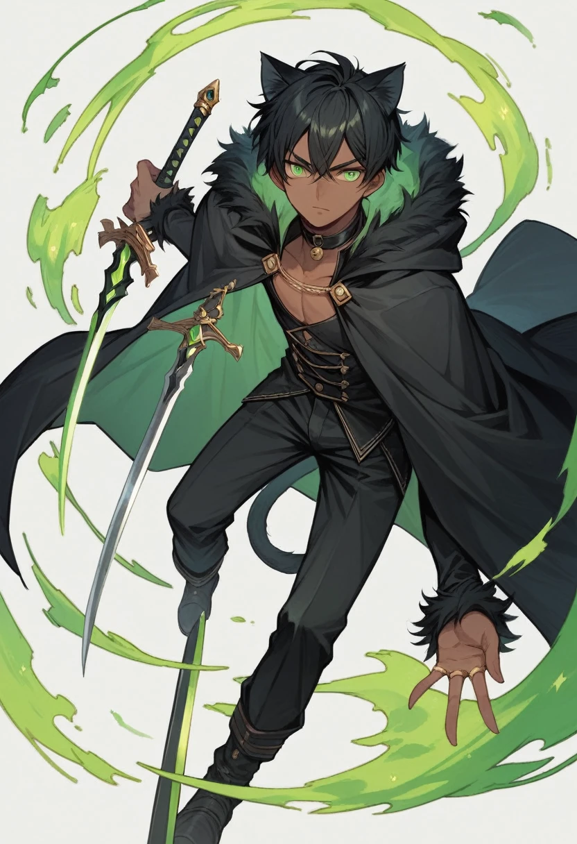 anime boy wearing a black cloak with green energy around him, black hair, green eyes, holding a sword, 4k, dark skin, anime, black cat ears