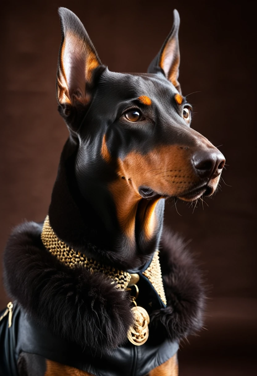Doberman dog in elegant 18th century count clothes, sunglasses, rich fur collar. Deep black