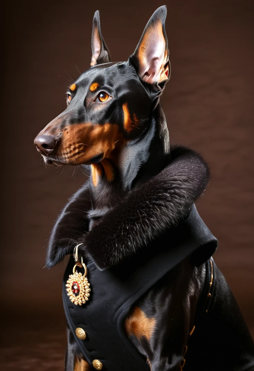 Doberman dog in elegant 18th century count clothes, sunglasses, rich fur collar. Deep black