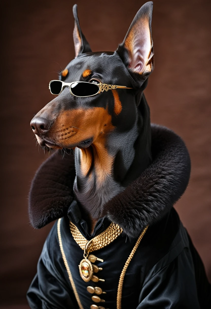 Doberman dog in elegant 18th century count clothes, sunglasses, rich fur collar. Deep black