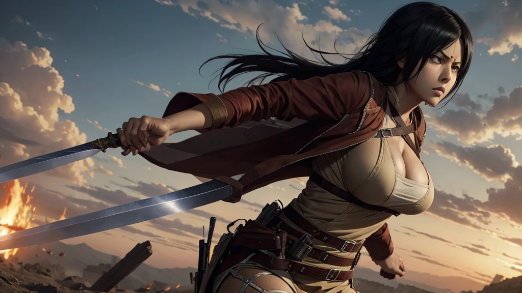 Attack on titan anime, mikasa in indian attire, standing with sword, tight cleavage, curvy body, sexy, staring seductively