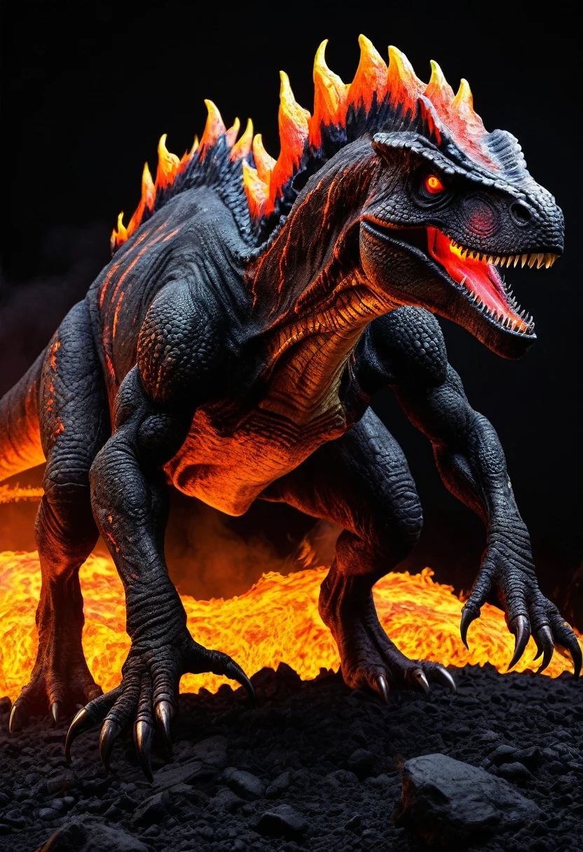 Lava dinosaur, dark side, villain, fire eyes, dark coloured, as lava dinosaur, scary face, full body, full body view,