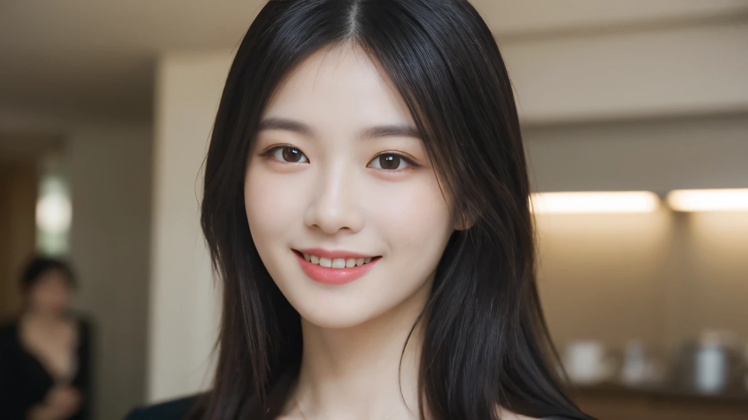 Dressed, (Like the picture:1.4), (Ultra-realistic:1.4), (Realistic:1.3), (Smoother lighting:1.05), (Improving the lighting quality of movies:0.9), 32k, One Girl,Age 25, Realistic lighting, Backlight, Light on the face, Ray-tracing, (Bright light:1.2), (Improvement of quality:1.4), (Highest Quality Real Texture Skins:1.4), Detailed drawn eyes, Detailed painted face, (tired and sleepy and joy:0), (smile:1.4), Black suit,necklace, (Enhance the mood of your body line:1.1), (Enhances the beauty of skin texture:1.1),Photographed inside the cafe,Open Cafe