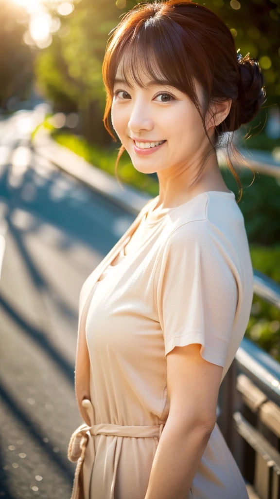((最high quality, 8k, masterpiece: 1.3)), (close:0.75), Realistic, Sharp focus, high quality, High resolution, Japanese women、48 years old、Middle-aged mature woman face、Chubby body type、Her breasts are huge, measuring 40 inches. {Beige business suit}, ((Very strong sunlight)), smile, Red hair bun hair,真昼のオフィス街でカメラに向かいsmile、Upper body image、smileのアップ8K画像、
