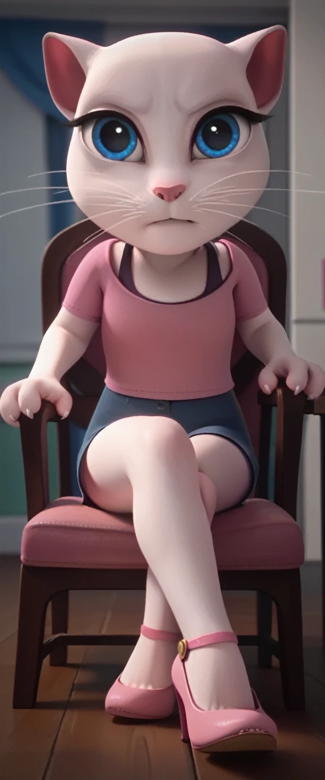 1 girl, cat, white fur, long whiskers on both sides of the face, large bright blue eyes, large black eyelashes, small pink nose, triangular ears with pink channels.     There are high heels.  front view legs woman crossed legs on chair