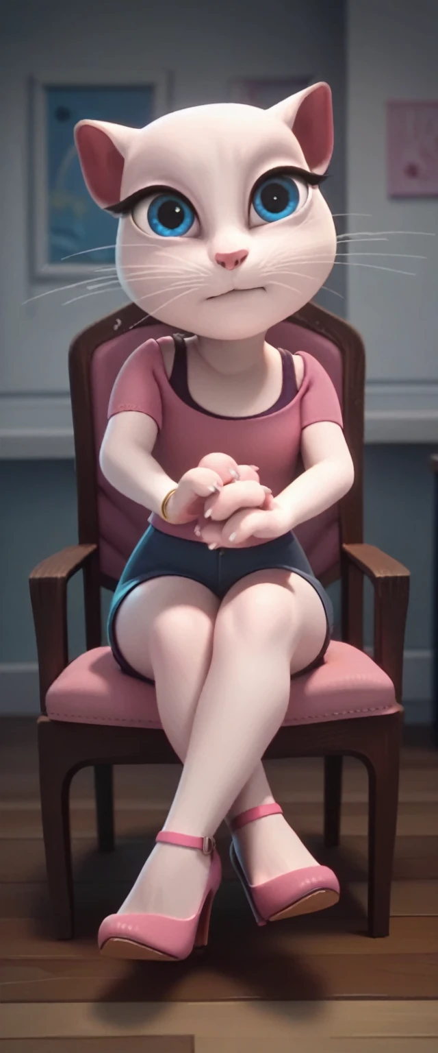 1 girl, cat, white fur, long whiskers on both sides of the face, large bright blue eyes, large black eyelashes, small pink nose, triangular ears with pink channels.     There are high heels.  front view legs woman crossed legs on chair