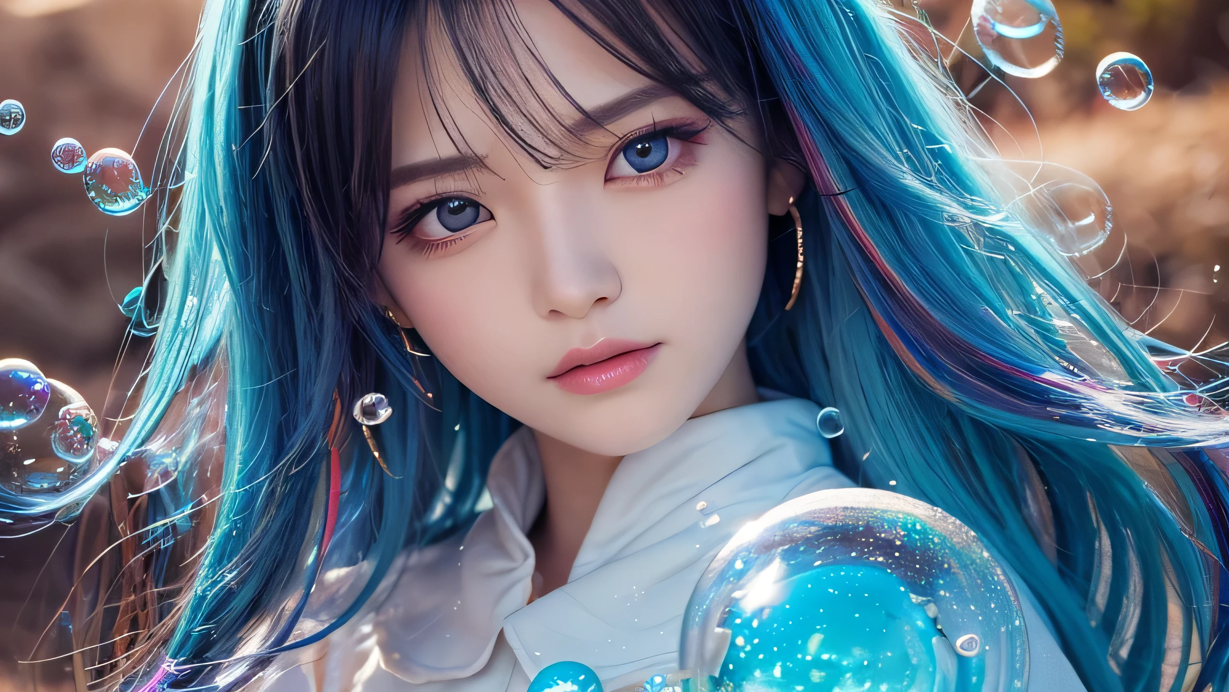 (masterpiece), (Highest quality), (Official Art, Very detailed CG Unity 8k wallpaper), (Very detailed), ((absurdes)), One girl, Mid Shot, (Graceful features),(Seraphim:1.3) ((SFW)),((Clear hands)), Aqua Eye, Colored contact lenses, Stars in my eyes, (((Colorful Bubbles))), Colorful glass, (Album cover)、((sun))、desert