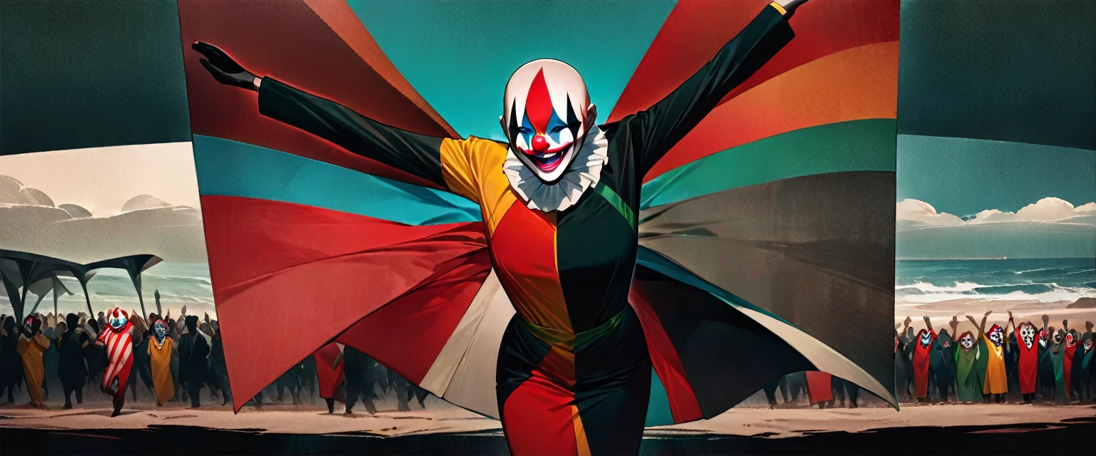 (((masterpiece,Highest quality))),(((A clown of unknown gender and face))),((Dancing wildly)),((((No one else)))),(A wilderness with an empty horizon,Split sky displayed in virtual texture),Focus on people,(high quality),アニメ,b3ks1n