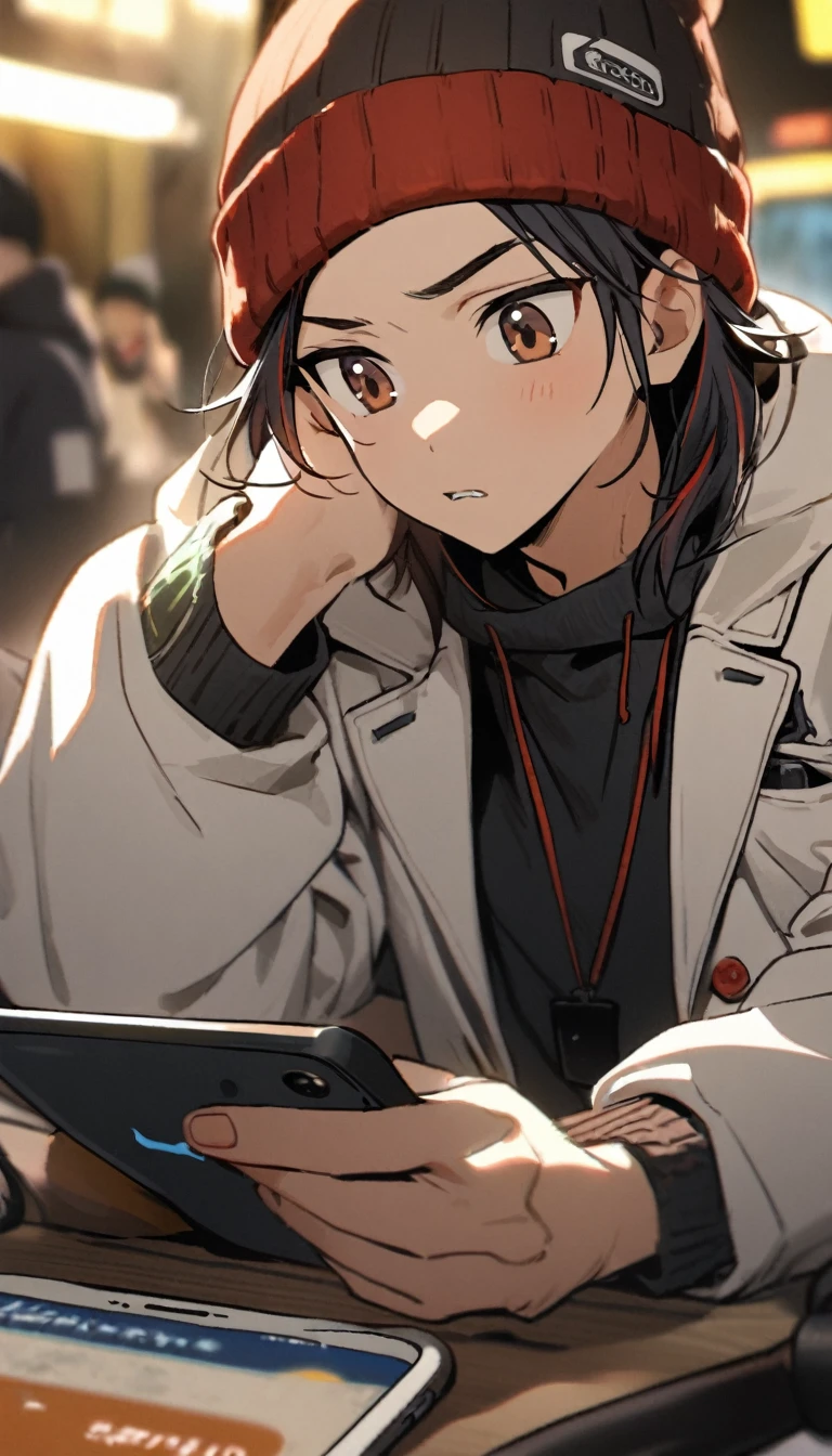 1boy,short red and black hair , beanie , brown eyes , white blazer , , phone
