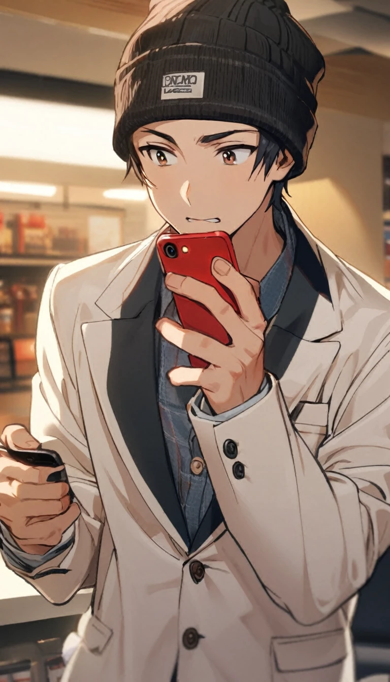 1boy,short red and black hair , beanie , brown eyes , white blazer ,  , phone