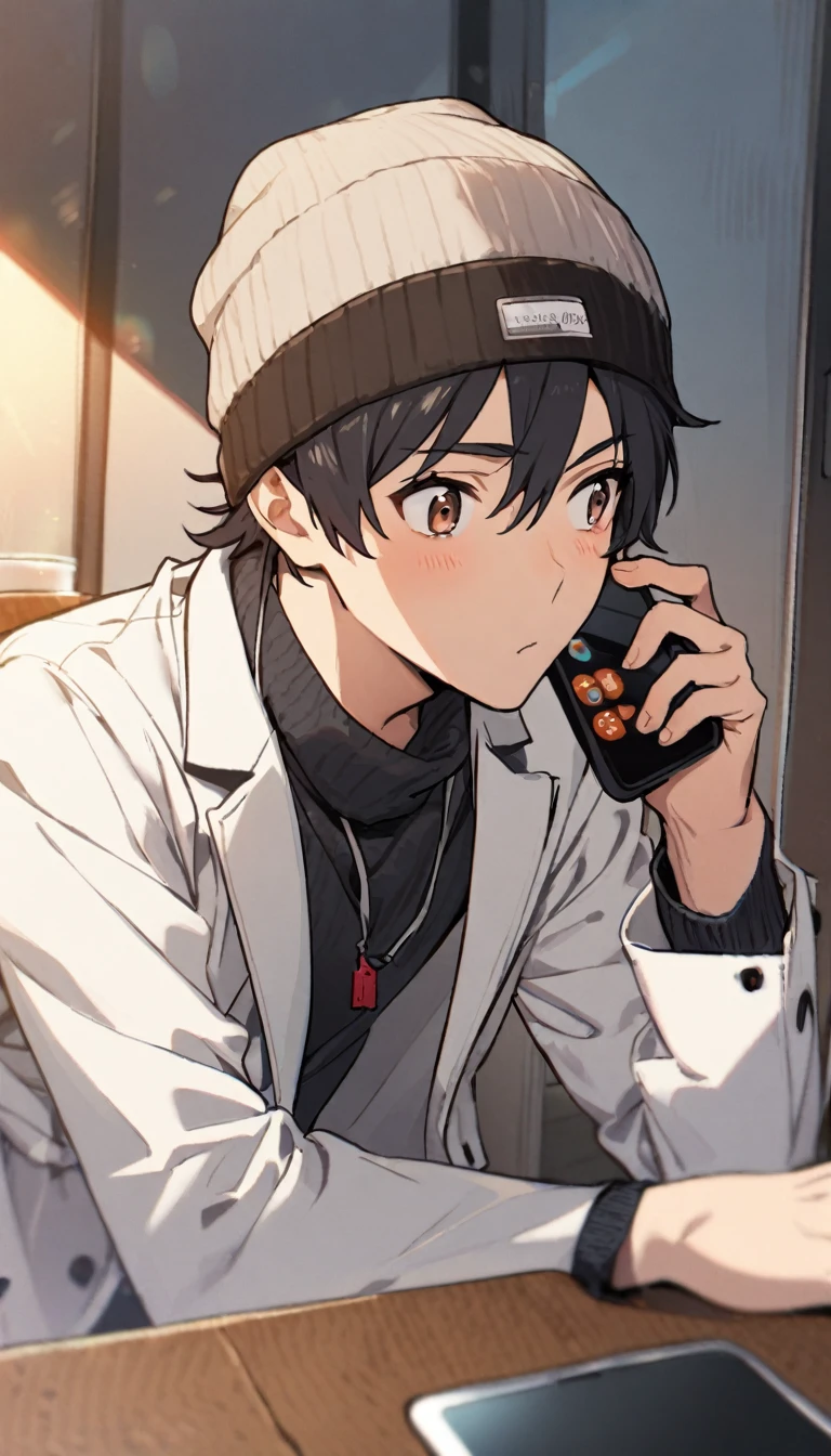 1boy,short red and black hair , beanie , brown eyes , white blazer ,  , phone