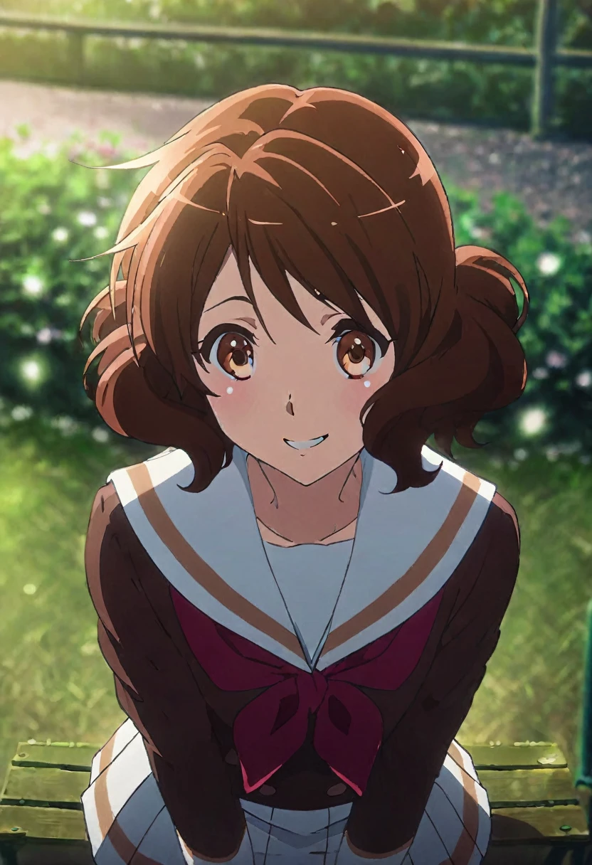 Oumae Kumiko,nsfw ,smile, Grin, break ,Staring at the audience,(masterpiece:1.2), Outdoor,garden､Sit on a bench､mini skirt,((Spread your legs)),pants､Highest quality, (Beautiful attention to detail:1.6), Highly detailed face, Perfect lighting,High angle､whole body､