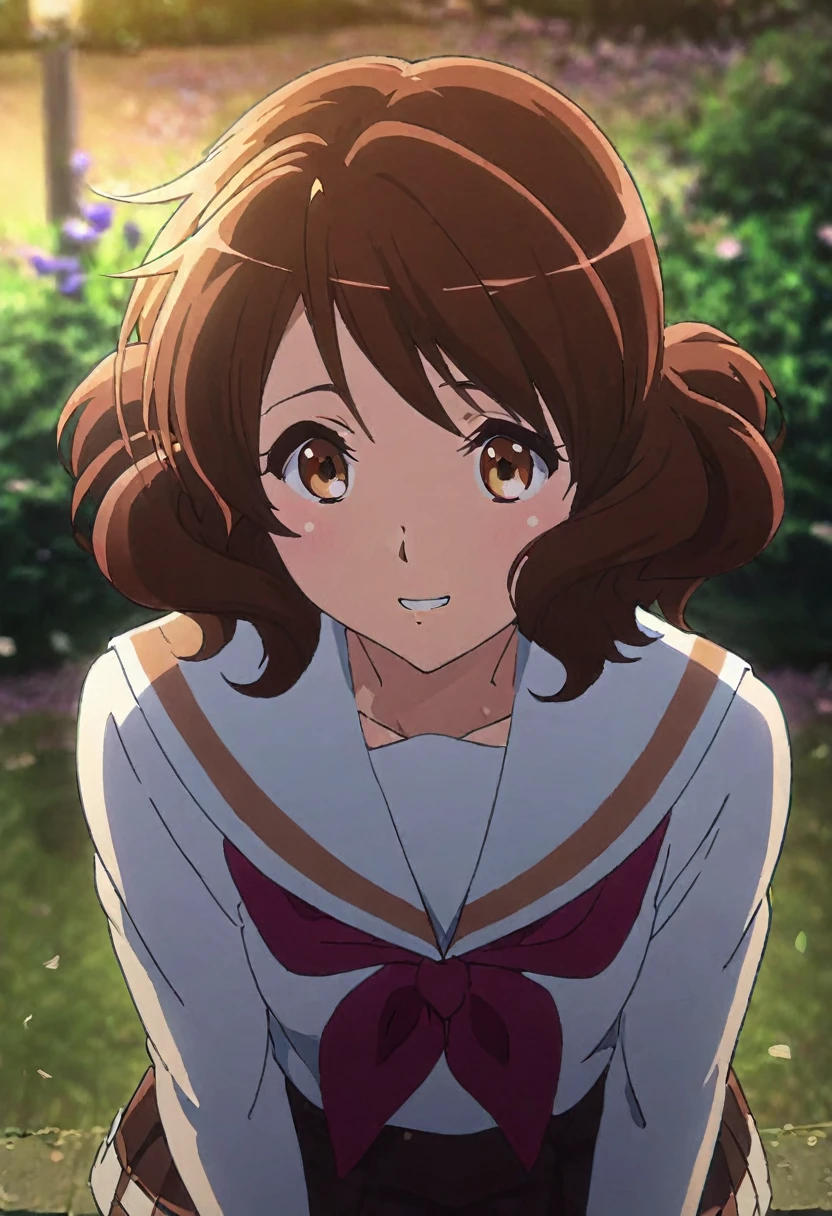 Oumae Kumiko,nsfw ,smile, Grin, break ,Staring at the audience,(masterpiece:1.2), Outdoor,garden､Sit on a bench､mini skirt,((Spread your legs)),pants､Highest quality, (Beautiful attention to detail:1.6), Highly detailed face, Perfect lighting,High angle､whole body､