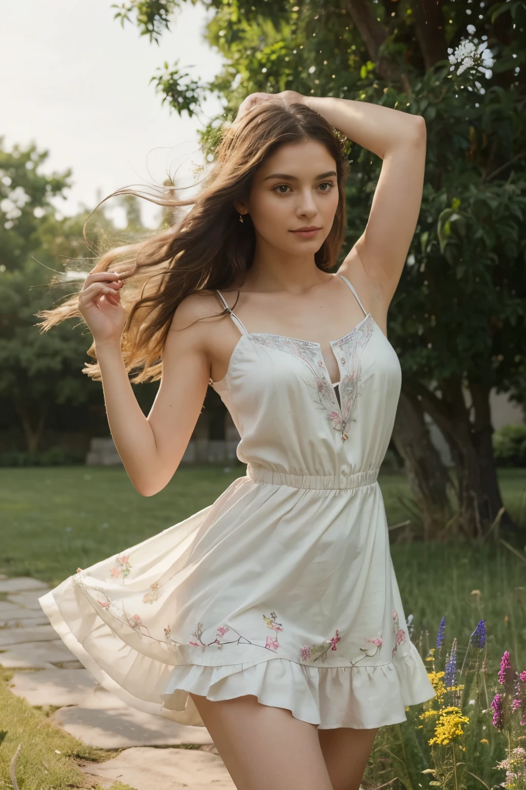 aged 30,Super detailed,a beautiful girl, , playful and charming. The girl’s dress is made of a delicate, flowing fabric that seems to dance in the breeze. The color is a soft pastel, reminiscent of the wildflowers that surround her. The bodice is fitted, with intricate embroidery and beading that catches the light. The skirt is full and flowing, with layers of fabric that rustle softly as she moves. The overall effect is one of timeless elegance and grace.