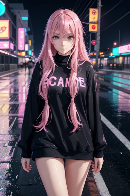 Adult woman, beautiful style, Megurine-Luca-like face, long hair colored light pink, the color of the clothes is black, lonely, sad, empty-heartedness, broken heart, walking alone on a deserted road at night, rain, neon lights, frozen smile, hoarse voice, loneliness, sadness, emptiness, memories, crushed hope