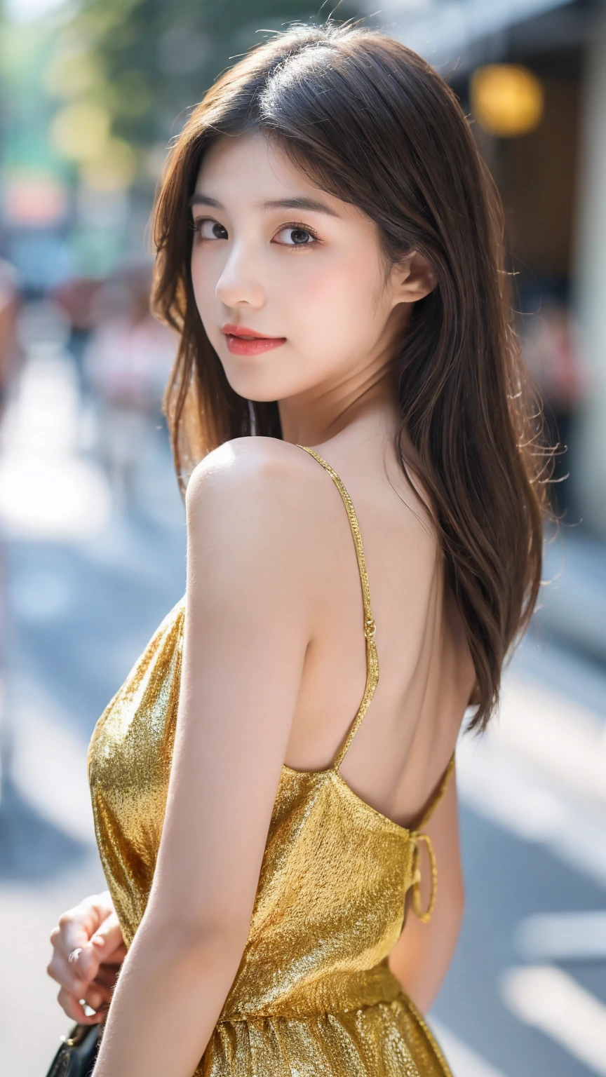 ((Best quality, 8k, masterpiece:1.3)),1girl,18 years old,Asian,Real texture:1.3,(Background blur:1.1),Dress Up,Tall and slender figure:1.2,(Hot summer weather),(street:1.3),Highly detailed face and skin textures,Exquisite eyes,Long eyelashes,Double eyelids,Skin Whitening,happy,Various postures,Breast