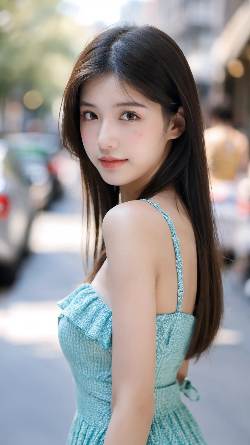 ((Best quality, 8k, masterpiece:1.3)),1girl,18 years old,Asian,Real texture:1.3,(Background blur:1.1),Dress Up,Tall and slender figure:1.2,(Hot summer weather),(street:1.3),Highly detailed face and skin textures,Exquisite eyes,Long eyelashes,Double eyelids,Skin Whitening,happy,Various postures,Breast