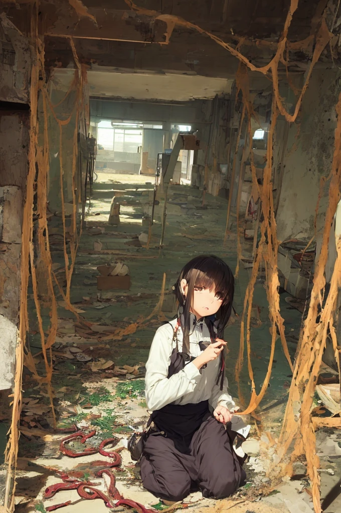 Girl captured by tentacles in abandoned factory　Tentacles in a skirt　Pants fabric texture　